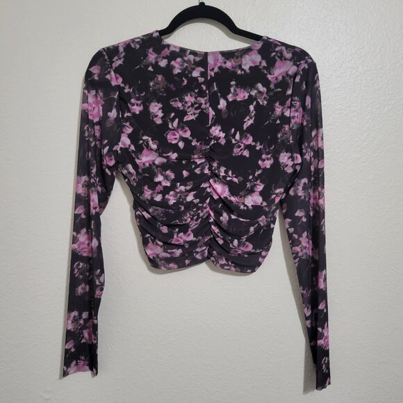 Ganni Black Floral Mesh Rushed Crop Blouse Sz 38 Medium - Picture 7 of 9